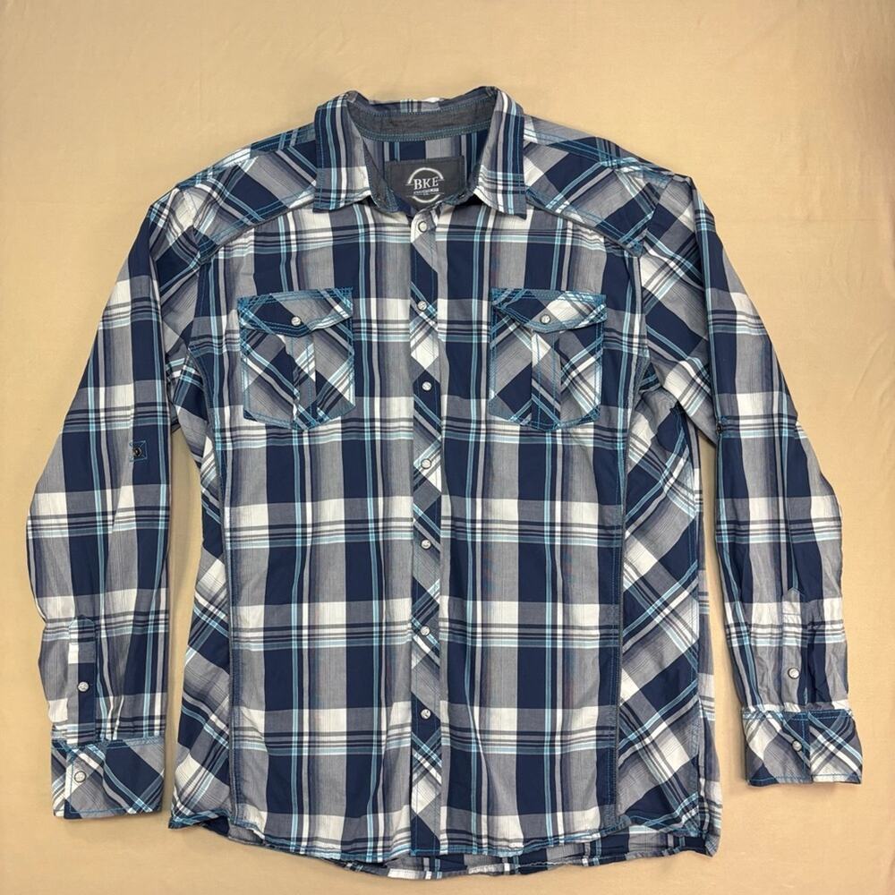 BKE Men's Navy and White Plaid Pearl Snap Button Down Shirt Size XXL